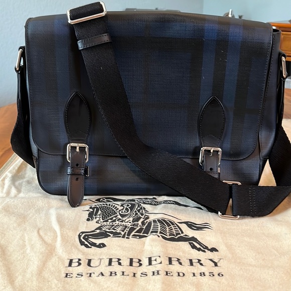 Burberry Alfred Messenger Bag in Navy Blue Check - Picture 1 of 7
